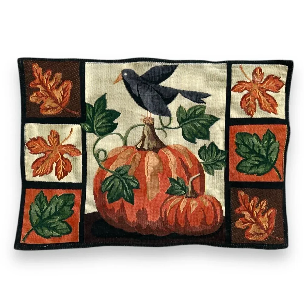 Vintage Fall Tapestry Placemats Lot of 2 Pumpkin Raven Autumn
